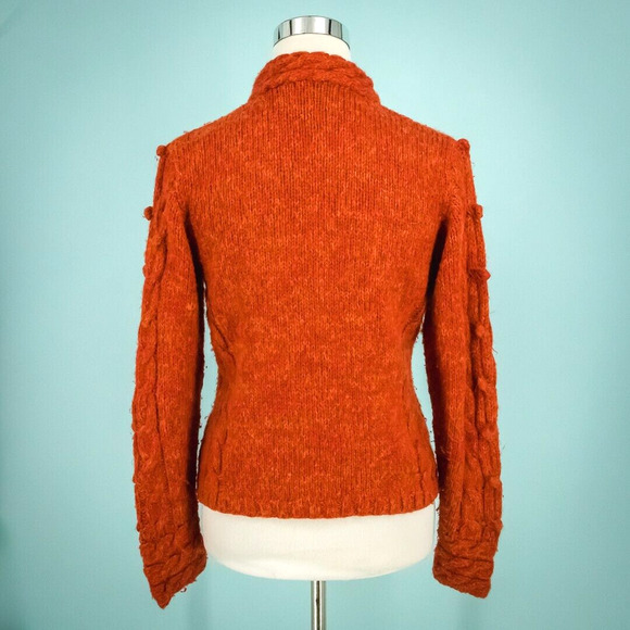 Icelandic Designs Size Small S Orange Cable Knit Pom Pom Wool Alpaca Cardigan - Picture 2 of 6